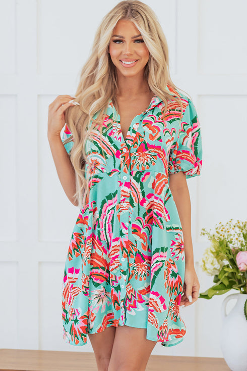 Green Abstract Print Lace-up High Waist Buttoned Mini Dress